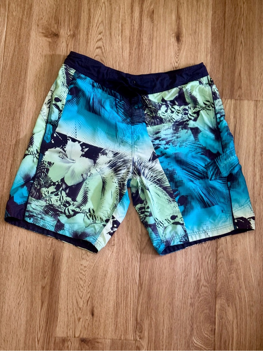 Speedo Mens Blue Tropical Leaf Print Swim Trunks Large